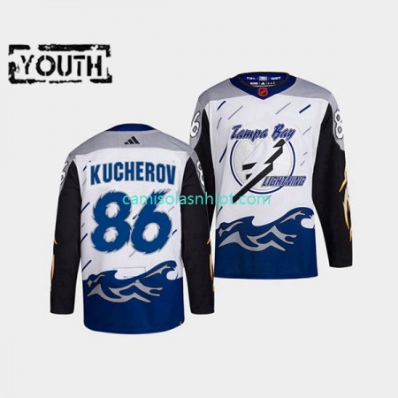 Camiseta Tampa Bay Lightning Nikita Kucherov 86 Adidas 2022 Reverse Retro Branco Authentic - Criança